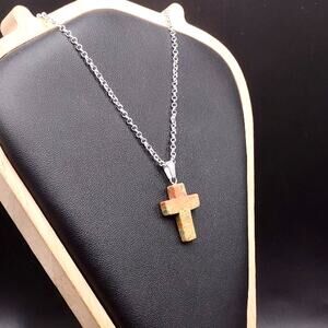 925 Silver Necklace W/ Stone Cross Green Pink Unakite Valentine Birthday Gift